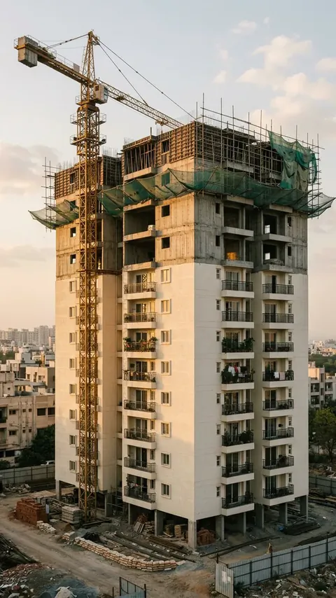 Under-construction residential tower at golden hour